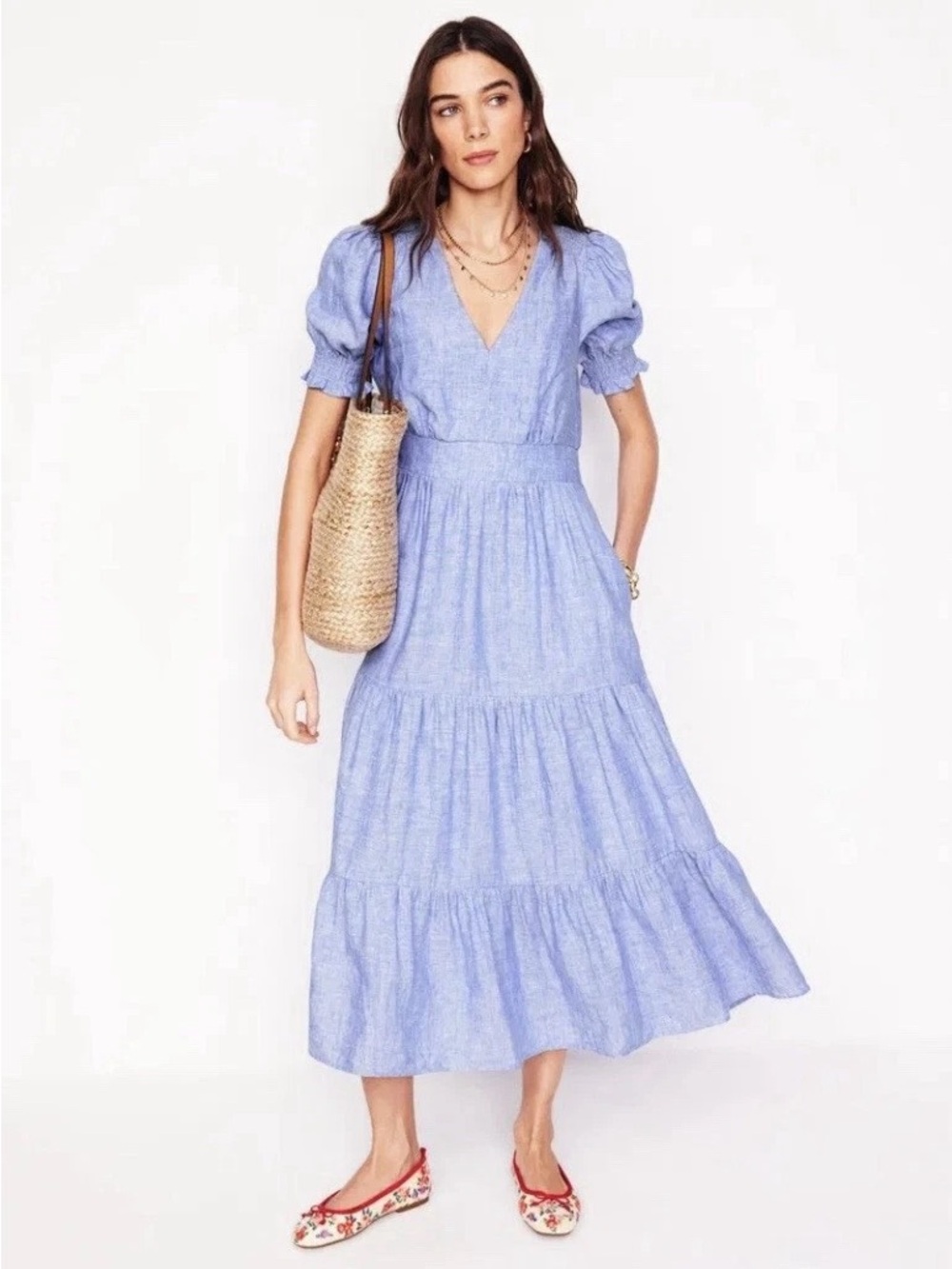 Boden Anna Linen Tiered Midi Dress Summer Blue Chambray Size 6